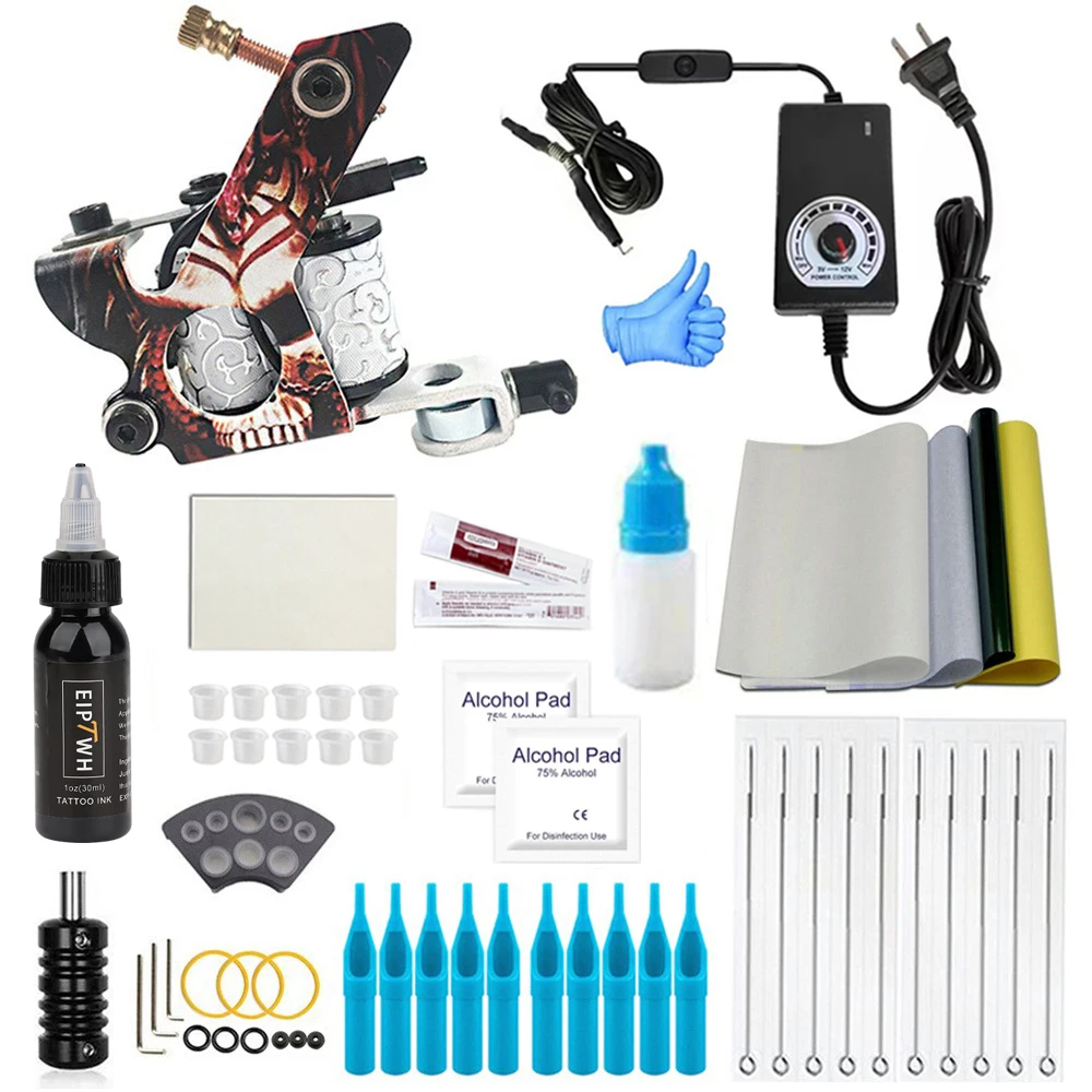 Coil machine tattoo set includes basic tattoo accessories, beginner tattoo practice kit, powerful and effective