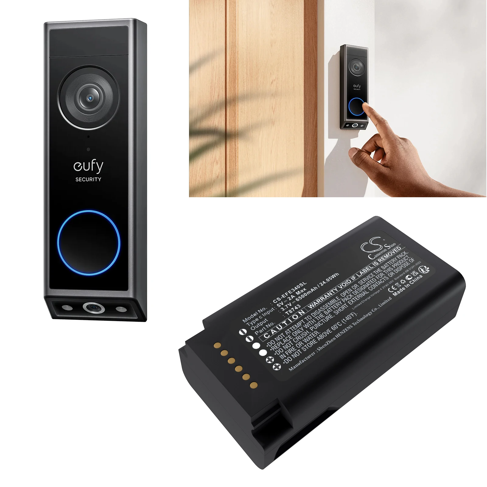 Replacement 3.7V 6500mAh Home Security Camera Battery T8743 For Eufy Video Doorbell E340