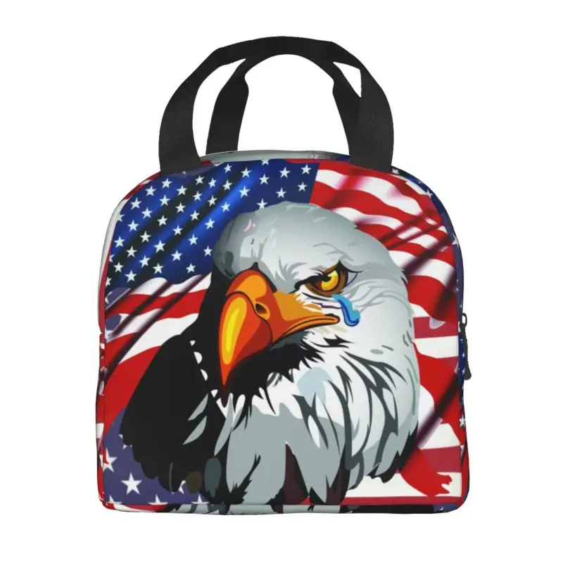 USA American Flag Bald Eagle Insulated Lunch Bag for School Office Leakproof Thermal Cooler Bento Box Women Kids