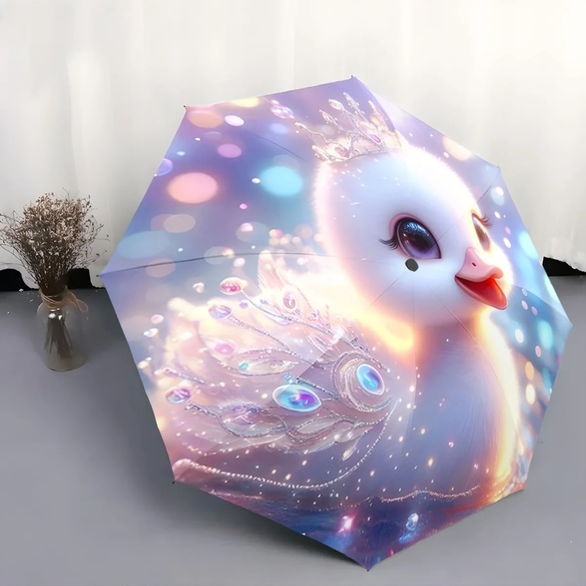 

Автоматический складной зонт с дизайном лебедя в короне и украшенным драгоценными камнями перьями - портативный складной зонт с 8 спицами для любого сезона