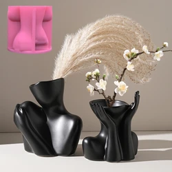Large 3D Nordic abstract half face vase epoxy resin silicone mold minimalist art human body vase concrete cement gypsum mold