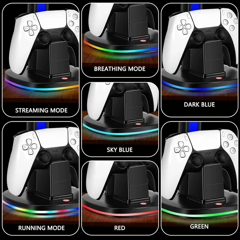 Estación de carga del controlador con soporte de auriculares RGB, soporte de cargador con 2 puertos USB, soporte de auriculares para PS5/4 Xbox Series X/S Switch