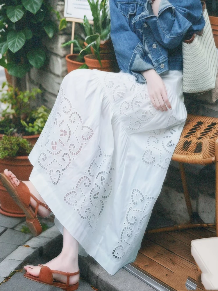 

Ele Hollow out White Pure Cotton EmbroideredDesign A-Line Slim Fit High Waist Elastic Waist Midi Skirt for Women