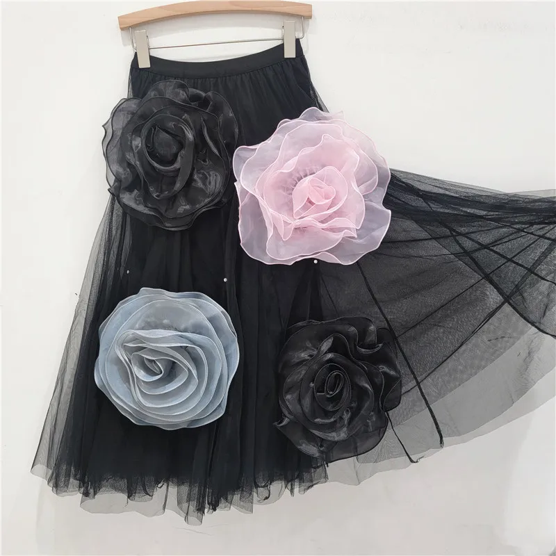 

Black Tulle Skirt Women Autumn Multi-Level Cake Pettiskirt Contrast Color Three-Dimensional Floral Mesh Skirts 2024