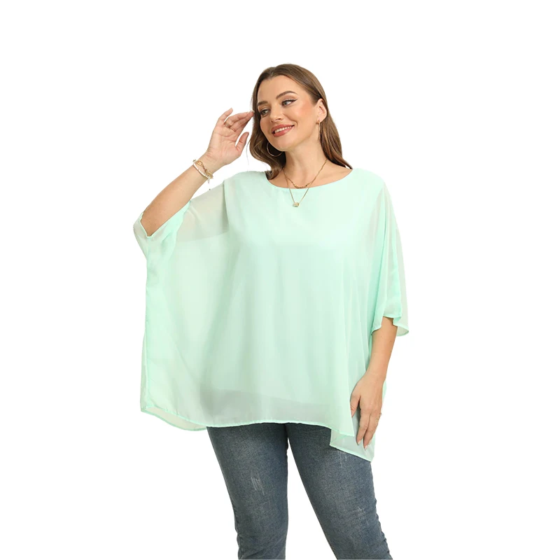 Womens Plus Size Elegant Summer Blouse Batwing Sleeve Oversized Chiffon Blouse Scoop Neck Large Size Casual Tunic Top Shirt 4XL