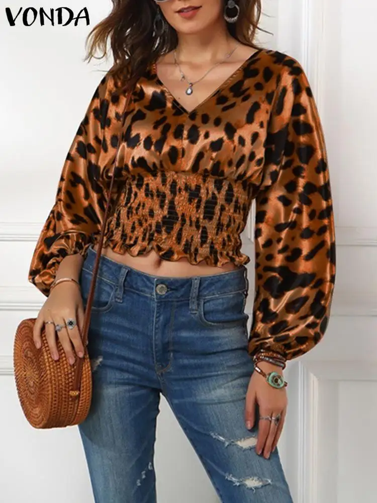 Fashion Elegant Satin Shirts VONDA Women Leopard Printed Blouse 2024 Sexy V Neck Tunic Tops Casual Long Sleeve Blusas Oversized