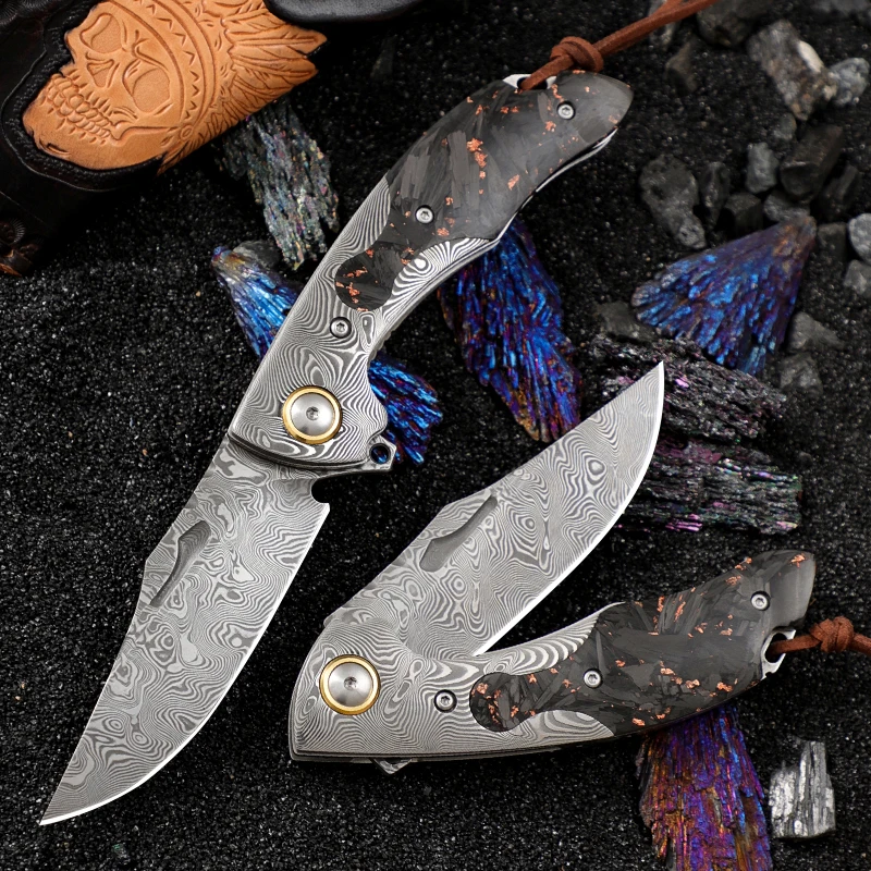 Pisau Saku Baja Damaskus Buatan Tangan, Pisau Lipat Pria, Pisau Berkemah Berburu EDC, Pisau Bertahan Hidup Berkemah Petualangan