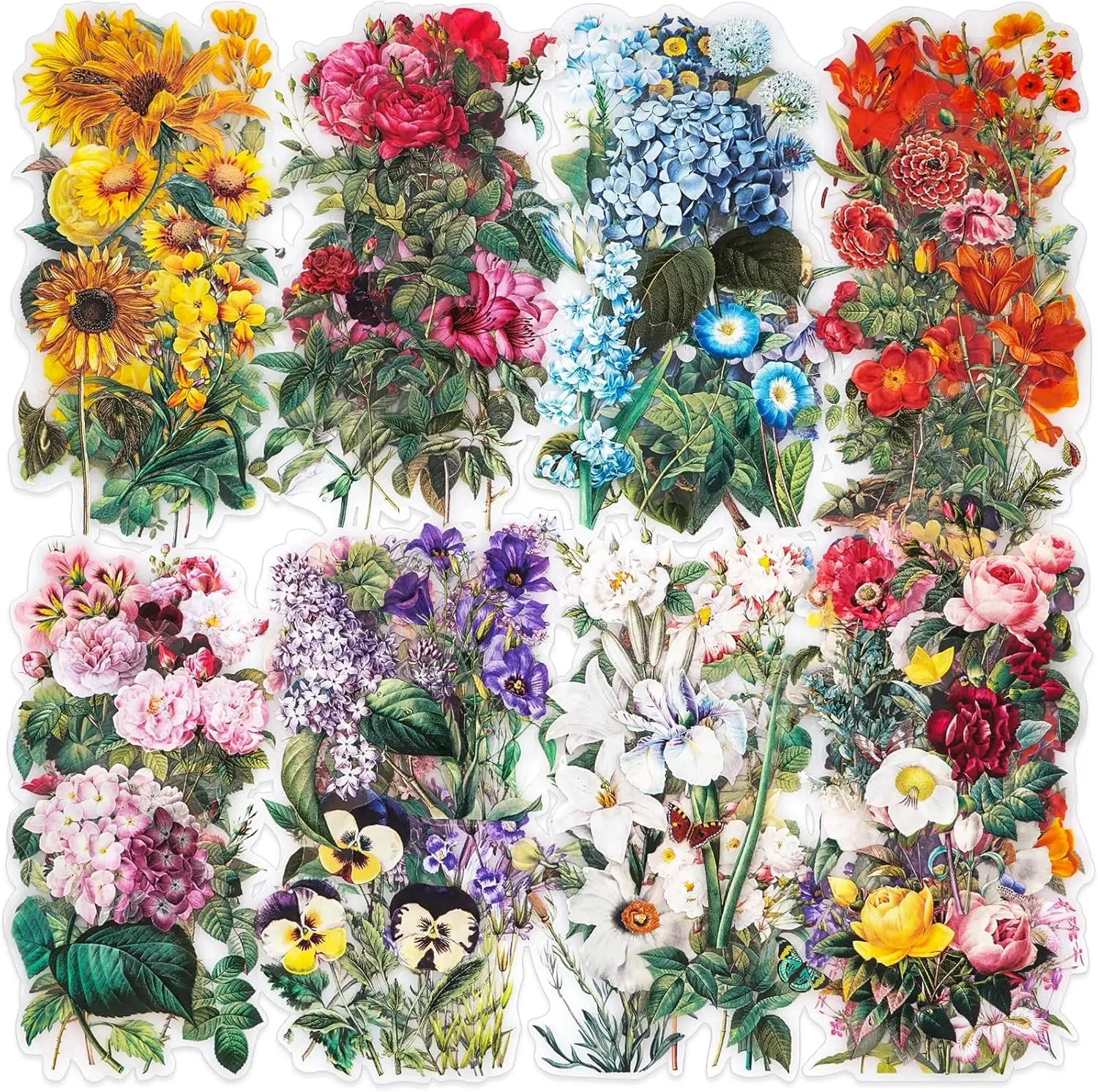 

100 Vintage Flower Stickers - 3.4" Waterproof Clear Floral Decals for Scrapbooking Journaling Crafts