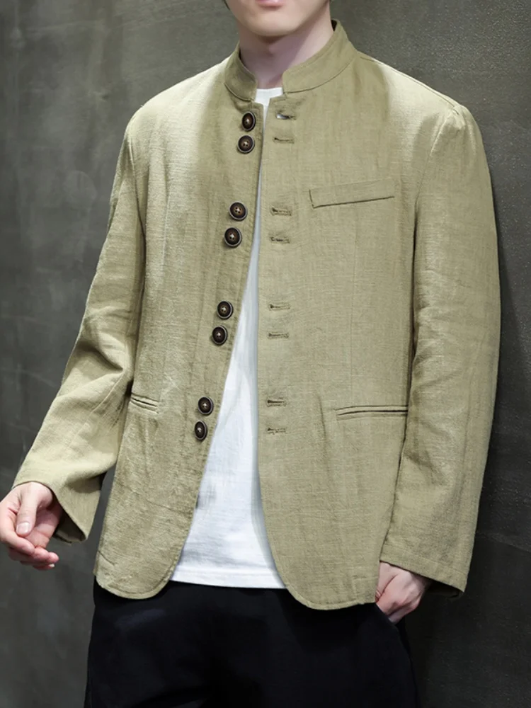 

Льняная куртка мужская летняя тонкая дышащая из хлопка и льна с воротником-стойкой, модная, в китайском стиле, с длинными рукавами, повседневная верхняя одежда