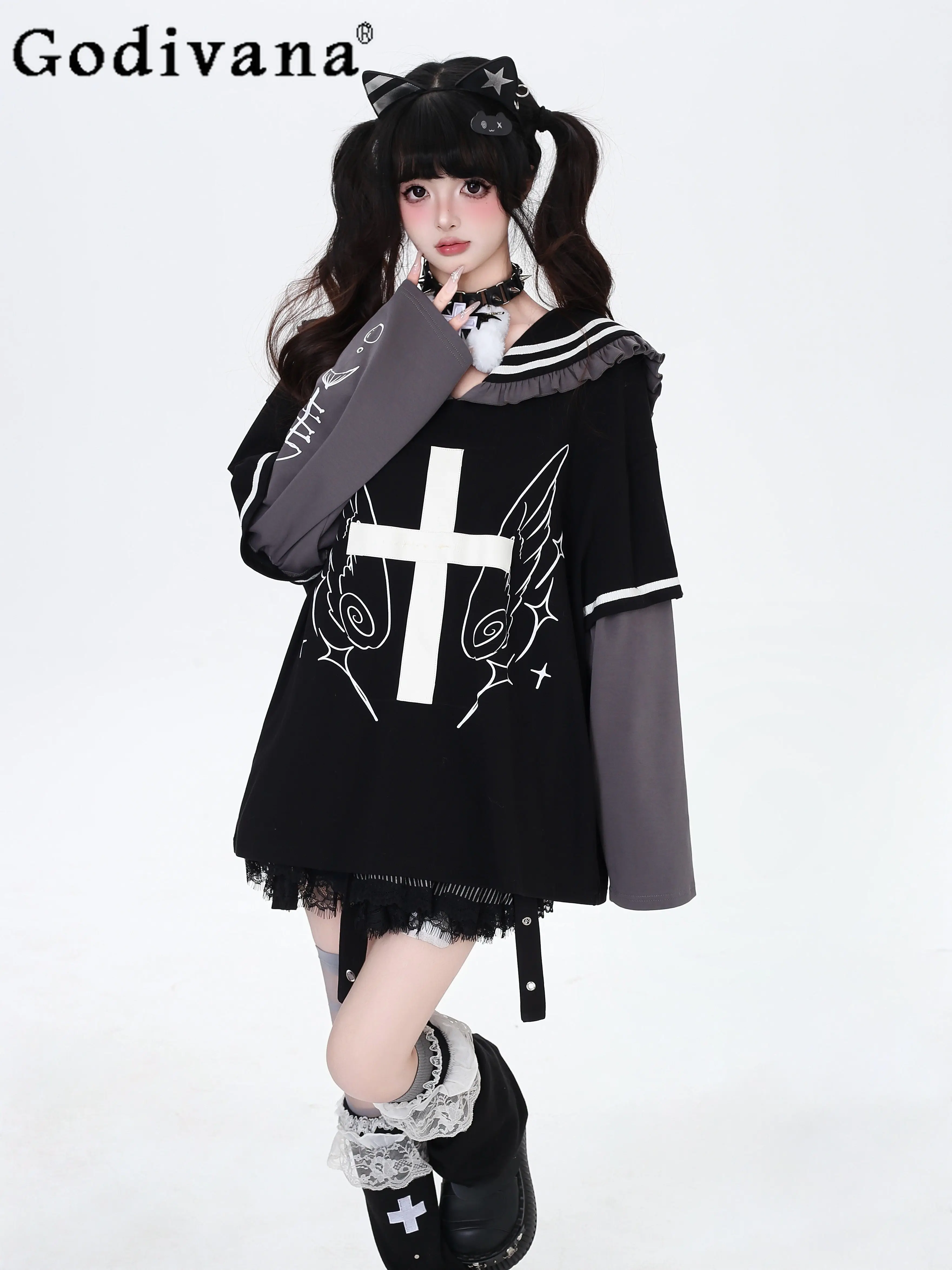 

Original Oversize T-shirt and Top for Women Spring Summer New 2026 Japanese College Style Subculture Detachable Sleeve T-shirt