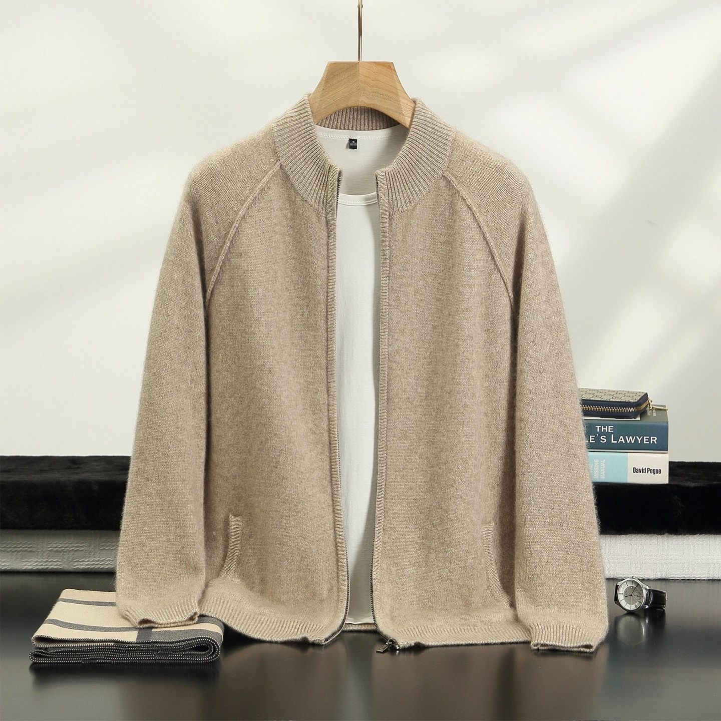 Men's 100% Cashmere Stand Collar Zipper Cardigan Jacket Solid Color Knit Sweater Coat With Pockets For Autumn Winter Daily Wears