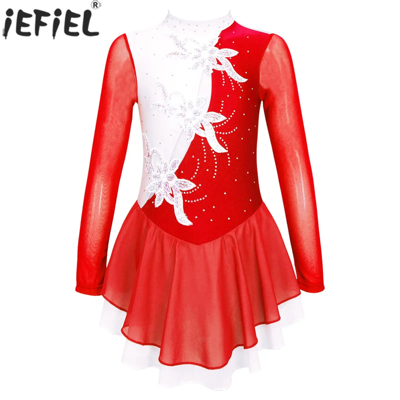 

Girls Ballet Figure Skating Dance Dress Gymnastics Leotard Party Prom Show Dancewear Long Sleeve Shiny Rhinestone Sequin Tutu