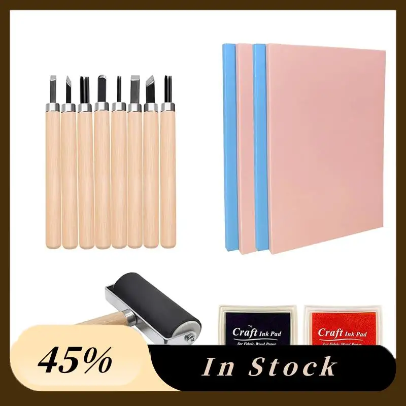 

A60z15pack Rubber Block Stamp Carving Blocks Soft With Cutter Tools And Rubber Brayer Roller For Printmaking And More Craftsmay