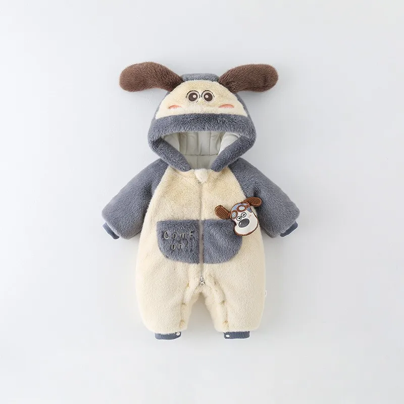 Winter Baby Romper Thick Cotton Fleece Jumpsuit Cute Dog Hooded Design Newborn Warm Outfit Celebration Daily Outdoor Wear
