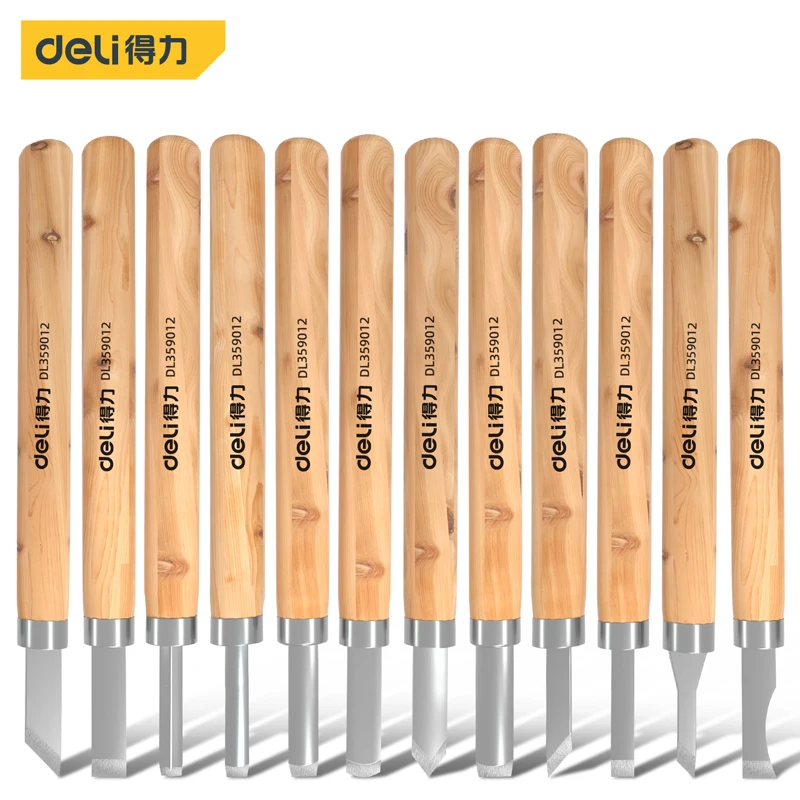 Deli 3/6/10/12 Pcs Carving Knife Set SK2 Cutter Head Wooden Handle Knives Multi-functional Woodworking Portable Hand DIY Tools