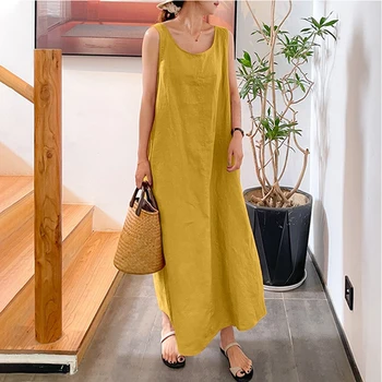 Loose Dress Cotton Linen Pocket Round Neck Sleeveless Dress Women Summer Vintage Vestido Feminino Long