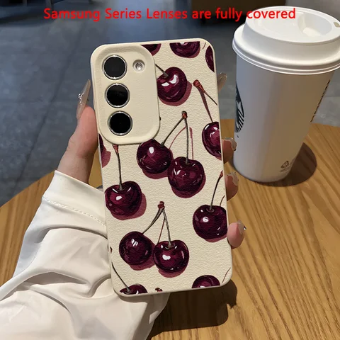 Чехол для телефона с принтом вишни и текстурой кожи для Samsung A05S A06 A07 A15 A16 A34 A35 A53 A54 S23 S25 Ultra, защитный чехол