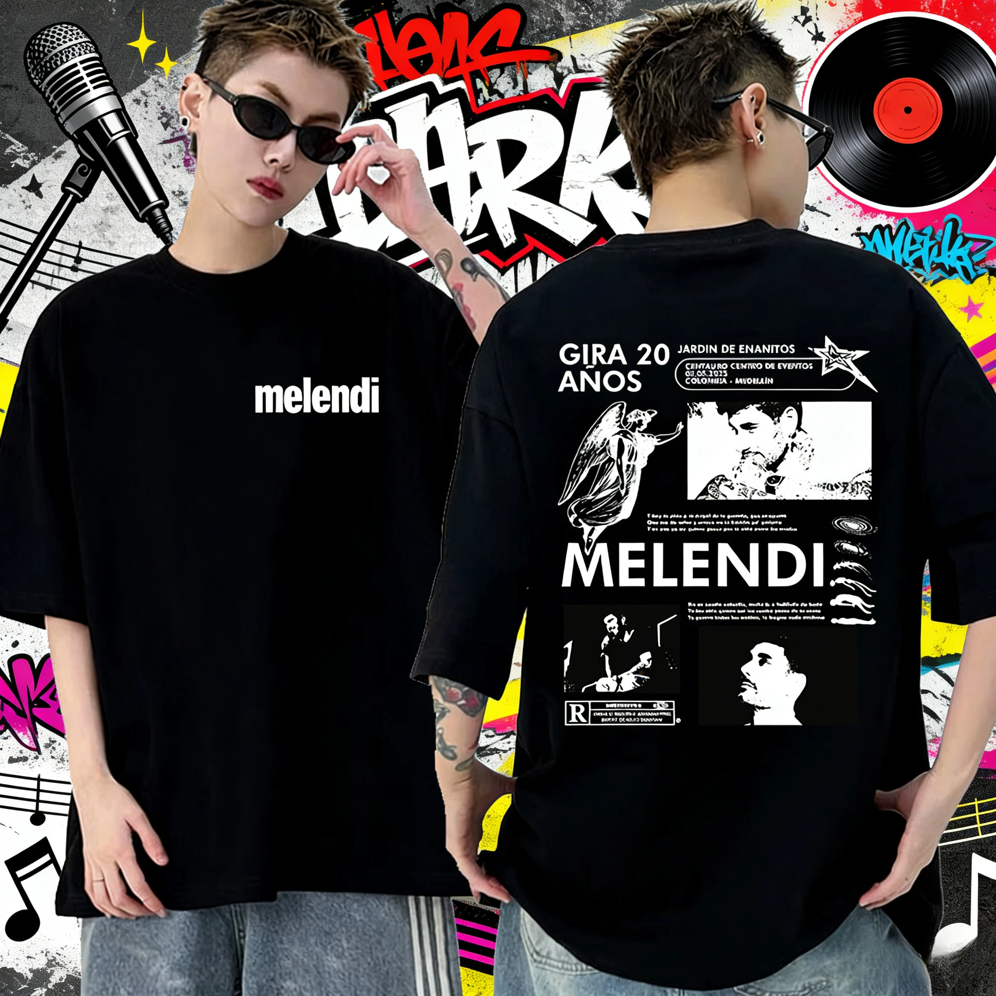 

2025 Summer Rapper Melendi Gira 20 Anos Album T-shirt Men's Hip-hop Retro Cotton Short Sleeve Loose Casual Shirt