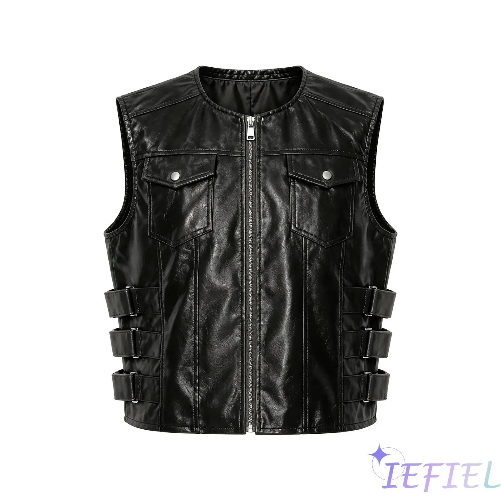 Fashion Mens Motorcycling Club Party Vest Top Faux Leather Side Button Straps Zipper Sleeveless Jacket with Flap Pockets