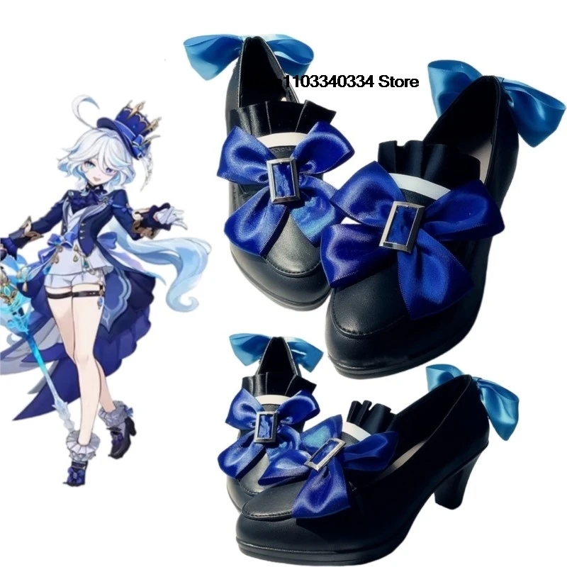 Jeu Genshin Impact Fontaine Furina Cosplay Chaussures Bottes pour Femmes, Lolita Bow, Talons Hauts, Halloween Masmade Party Costume Accessoire