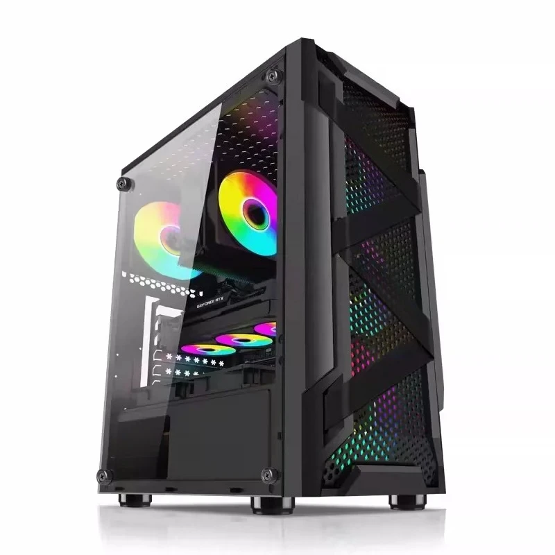 Mid Tower ATX Gaming Computer Chassis Tempered Glass Side Transparent Panel 6 Fan Slots USB3.0 Back Cable Management DIY PC Case