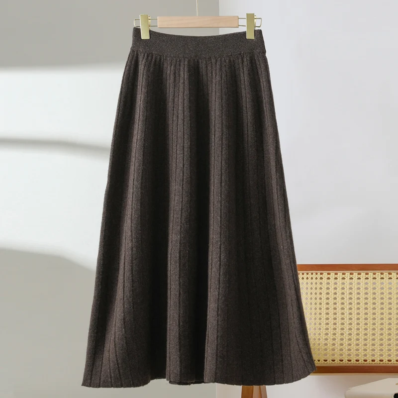 100% Merino Wool Long Thickened Pleated Knitwear Skirt Women's Autumn Winter Gentle Lady Preppy Chic Grace Style Wool Skirt