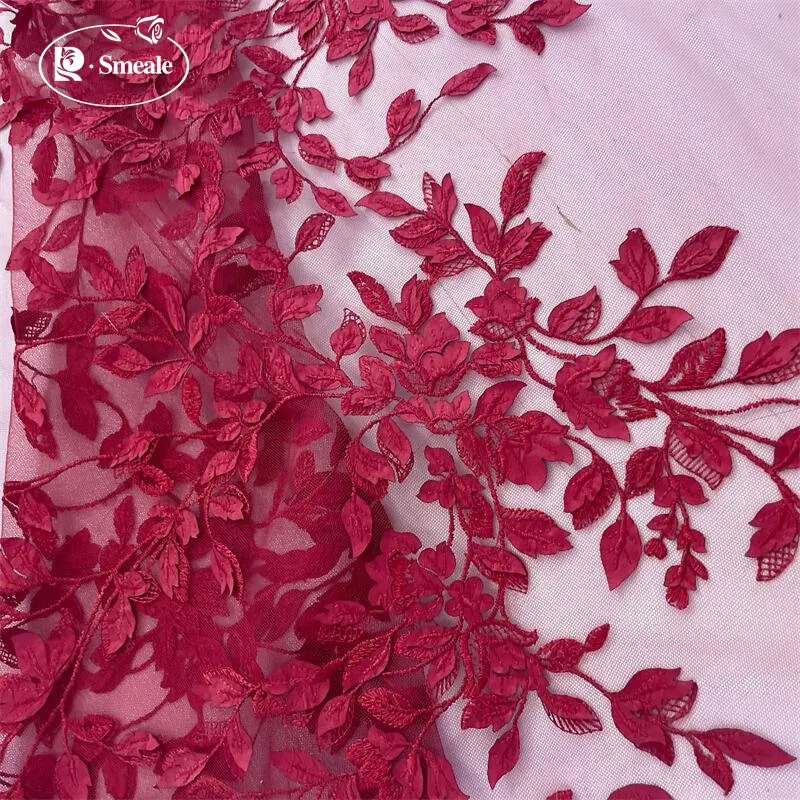 Handmade Leaf Applique Mesh Lace Fabric, Wedding Dress Dress, Long Skirt, DIY Handmade Accessories, Wine Red, Off White, RS4066