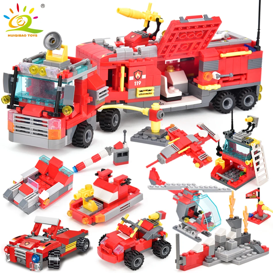 HUIQIBAO 678pcs 8in1 City Fire Truck Model Building Blocks Firefighting Set Fireman Figures Bricks Construction Toy for Children