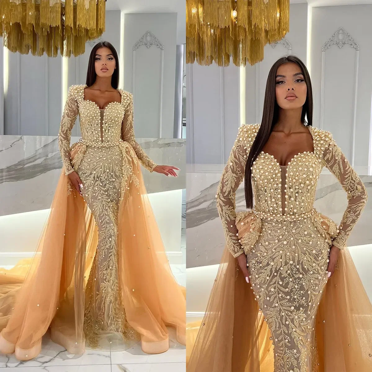 Customized Elegant Champagne Evening Dress Detachable Trailing Cap Sleeve Pearls Beads Dubai Arabic Formal Mermaid Prom Dress