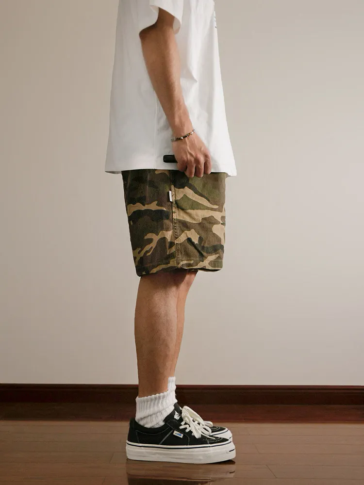 Premium Retro American Camo Streetwear Men's Loose Wide Leg Casual Summer High Density Twill Work Shorts – Fashionable, Durable
