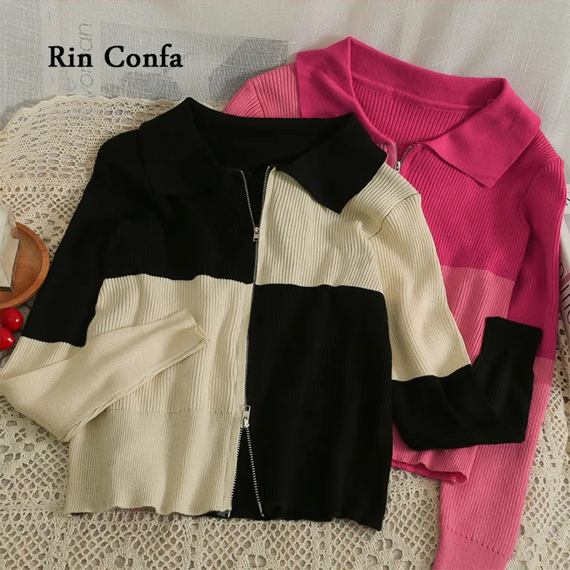 Rin Confa Chic Thin Knitting Tops Women Assorted Colors Pullover Sweater Zipper Turndown Collar Long Sleeve Cardigan Top Women