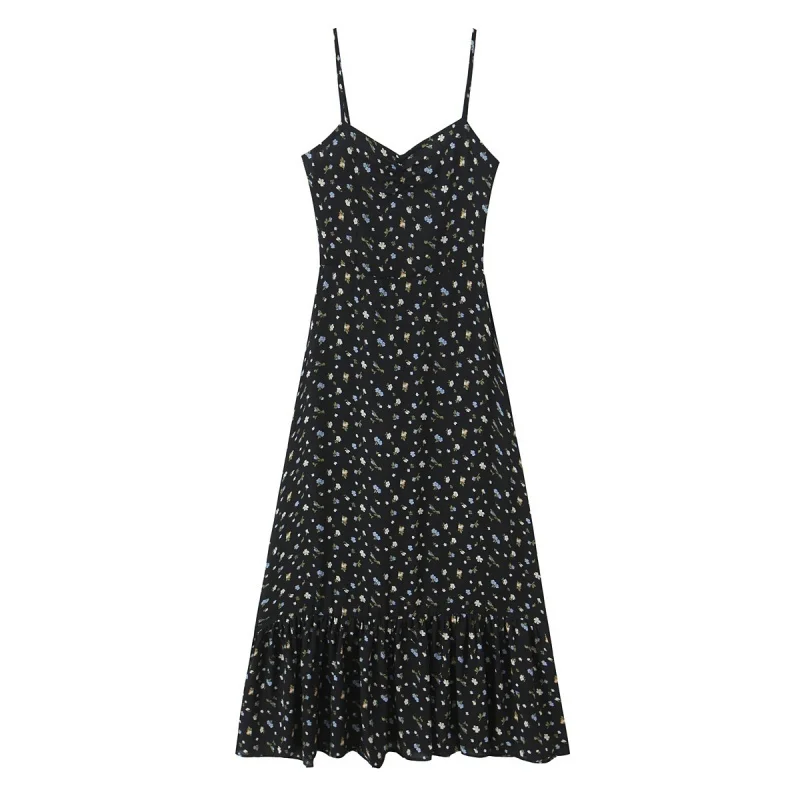 Bla Floral Print ter Dr Heart Collar Waist Cinch Midi Skirt Vintage Vaion Gown Women's Gentle Sle A-Line Dr