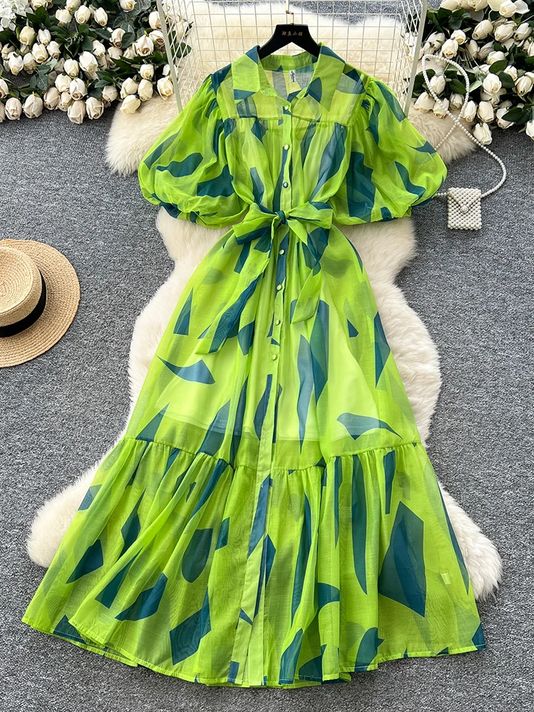 

Summer Women's Bubble Sleeve Shirt Dress Fashion French Holiday Party Short Sleeved Single Breasted Printed Long Dress S81
