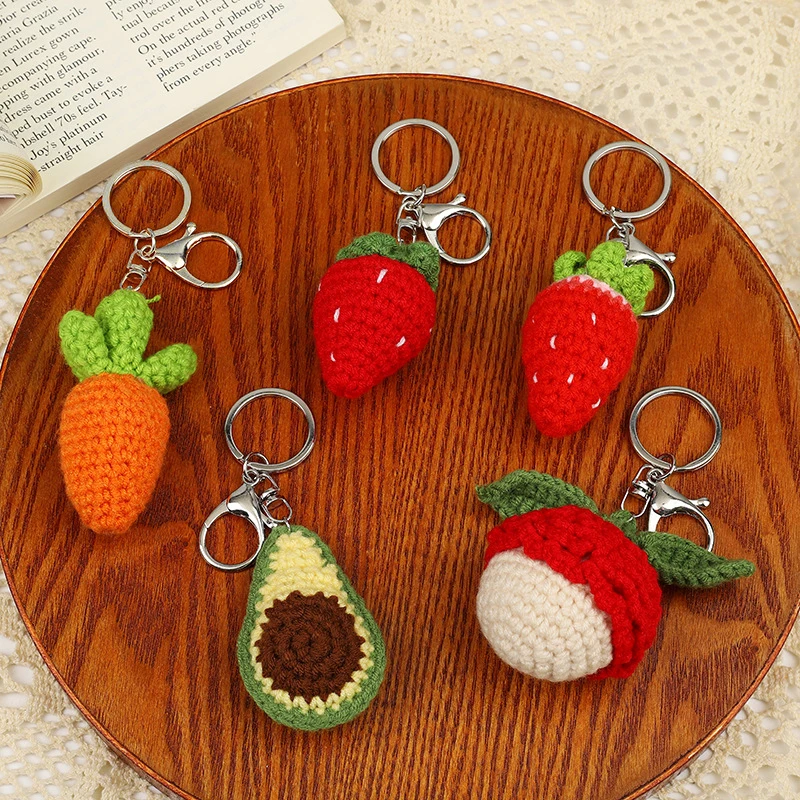 Cute Knitting Fruit Keychain Creative Knitted Cherry Strawberry Car Keys Keychain Wholesale Weaved Keyrings For Bag Accessories