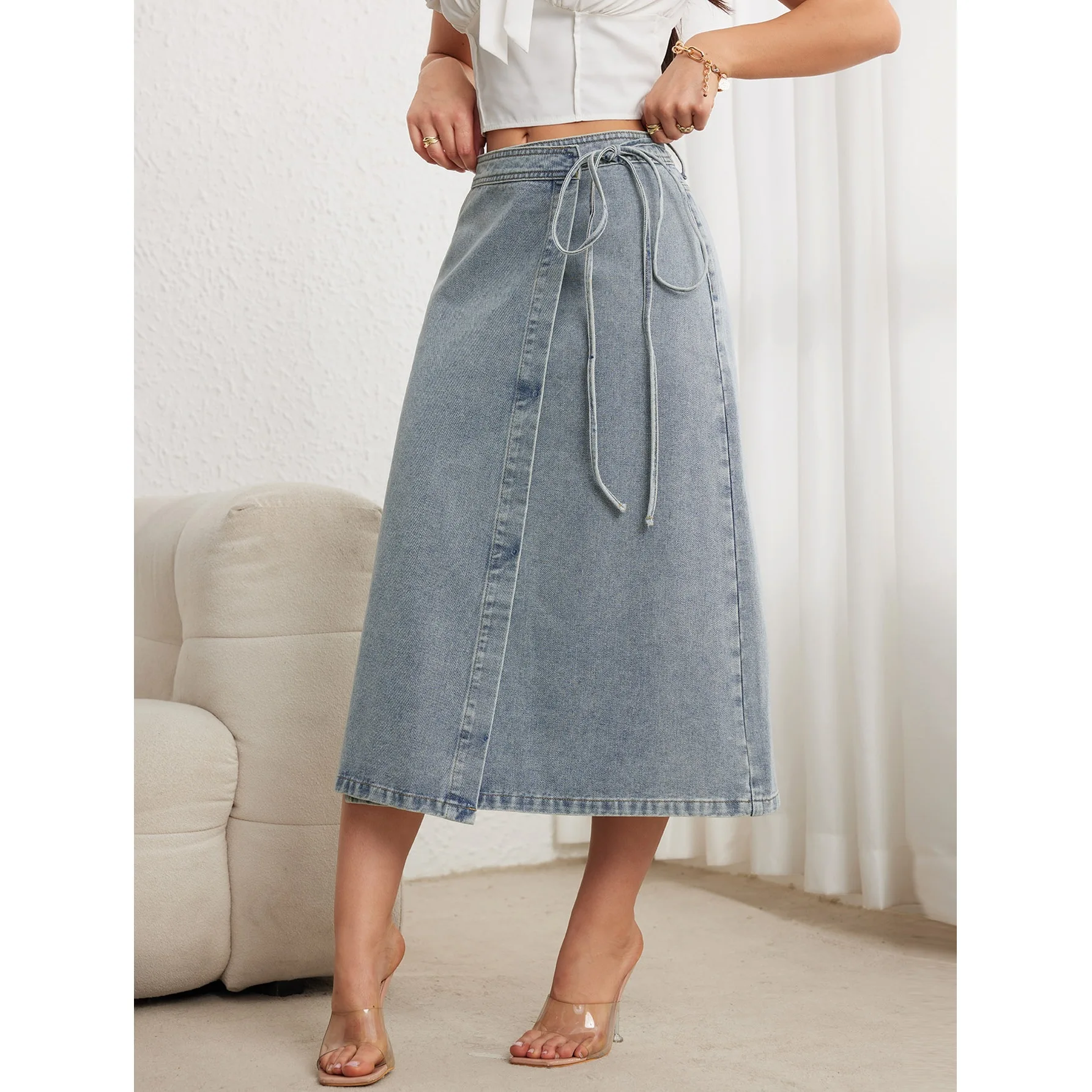 Denim Skirt Midi Vintage - Women Light Blue Wrap Denim Midi