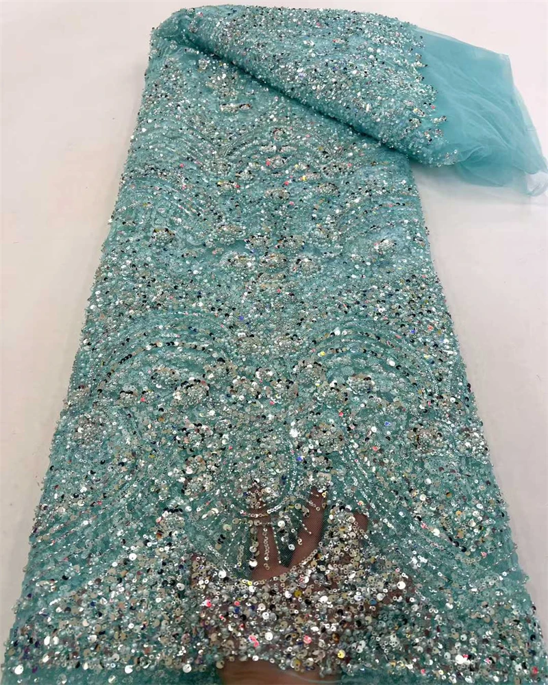 

High-End Luxury French Embroidery Heavy Groom Beads Lace Fabric Withs Sequins 5 Yards High Quality Materiel for Party
