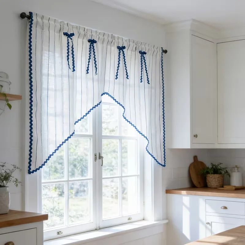 1PC Vertical Striped Faux Linen Curtain with Blue Wavy Trim & Exquisite Bow Ribbon Valance, Farmhouse Style, for Half‑Window