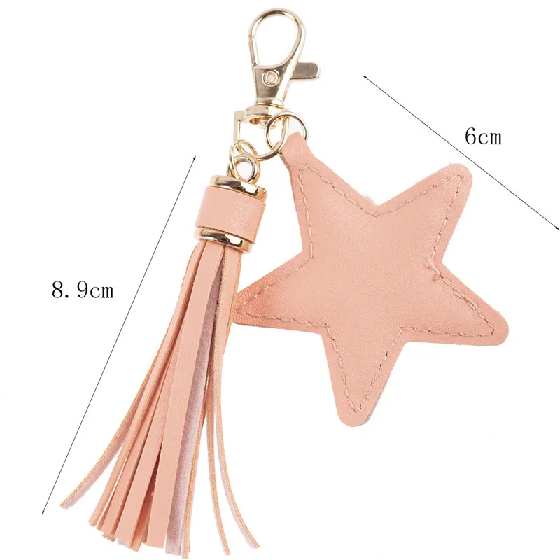 Trendy Colorful Five-Pointed Star Tassel Keychain Leather Pu Key Ring Fashion Women\'s Handbag Accessories Jewelry Gifts