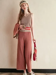 Trousers Woman Holiday Outfits Sweater Stripe Pant Sets For Women 2 Pieces Red Spring Autumn Knitted Crochet Offer Korean Style