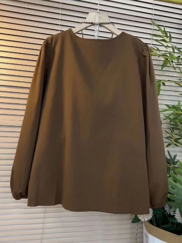 Plus Size Women Clothing Spring Autumn New V-Neck Long Sleeved Shirt&Blouses Solid OL Casual Business Top To Cover The Stomach view 5