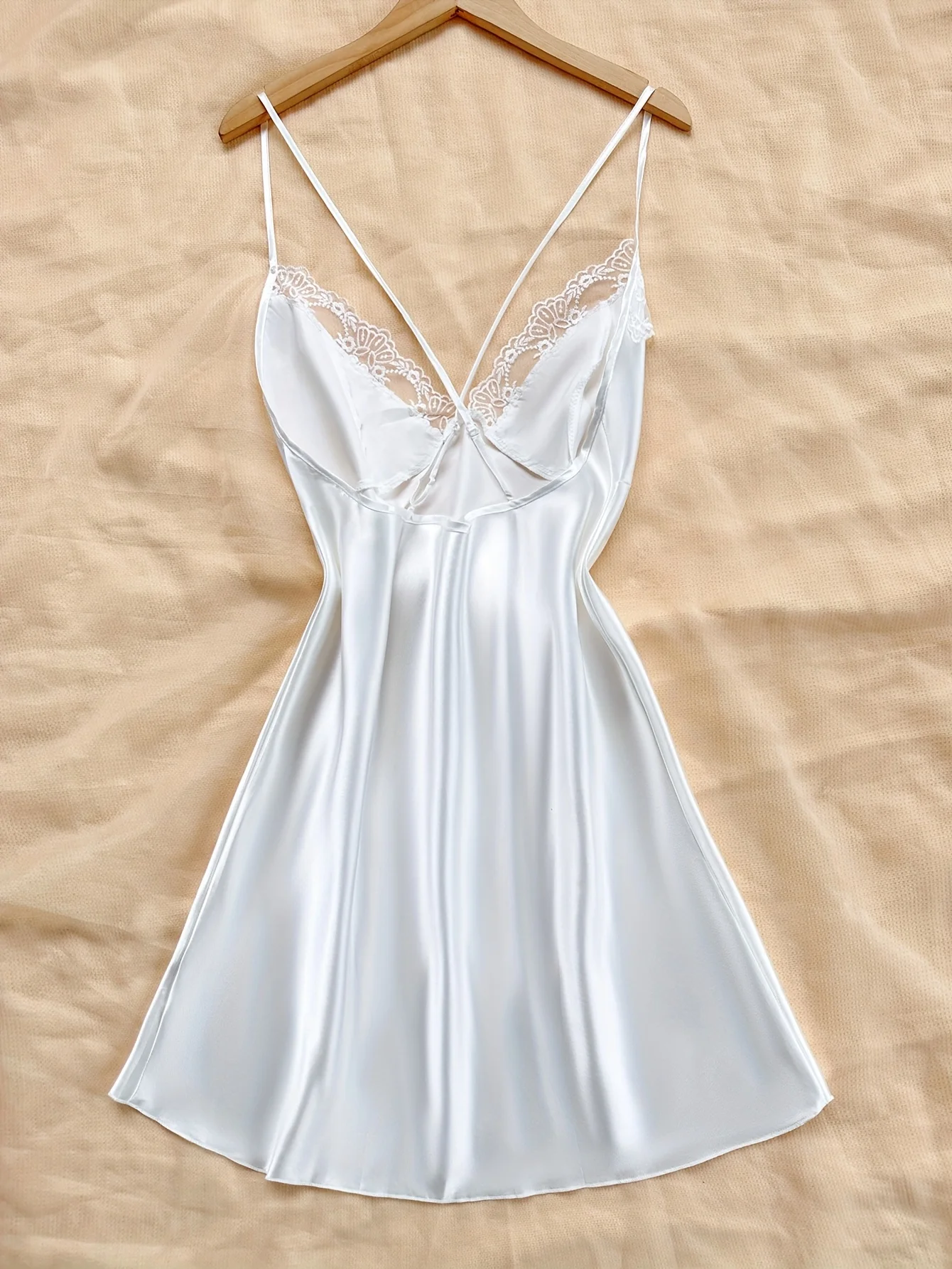 Sexy V-Neck Lace Trim Pure Color Polyester Women's Nightgown Elegant Sleepwear for Ladies
