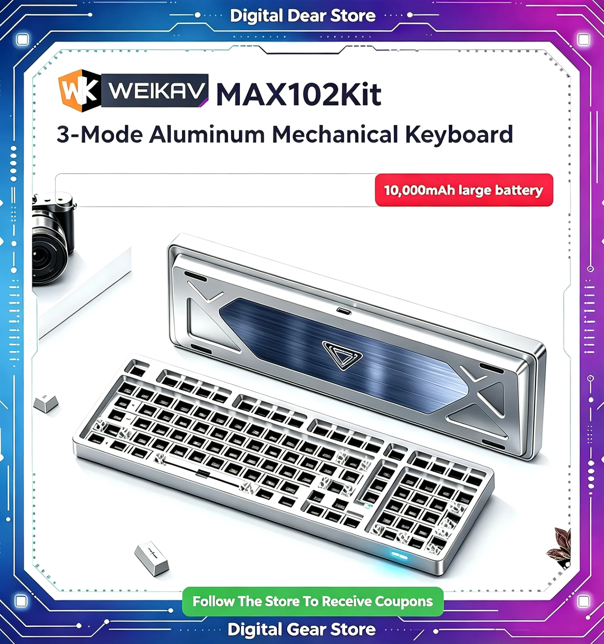WEIKAV Max102 Mechanical Keyboard Kit Three-Mode Wireless 10000mAh Large Battery 101 Keys RGB Light Custom DIY Gaming Keyboard