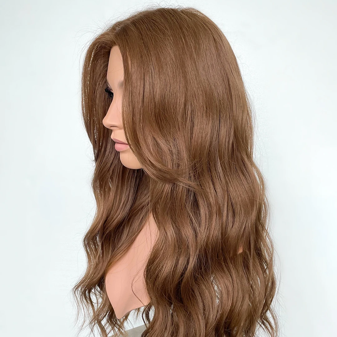 Perucas de cabelo sintético para mulheres, marrom caramelo, frente de renda, sem cola, ondulado longo, laço transparente, barato, densidade 180,