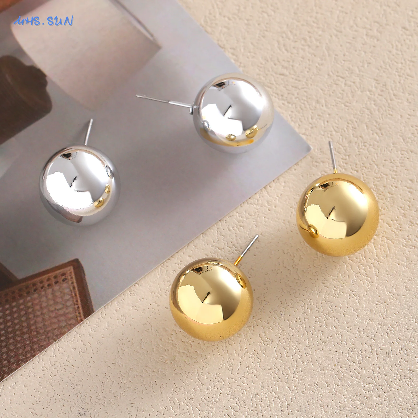 MHS.SUN Simple Gold/Silver Color 16MM Ball Stud Earrings for Women Smooth Geometry CCB Beads Ear Jewelry Daily Jewelry Gifts