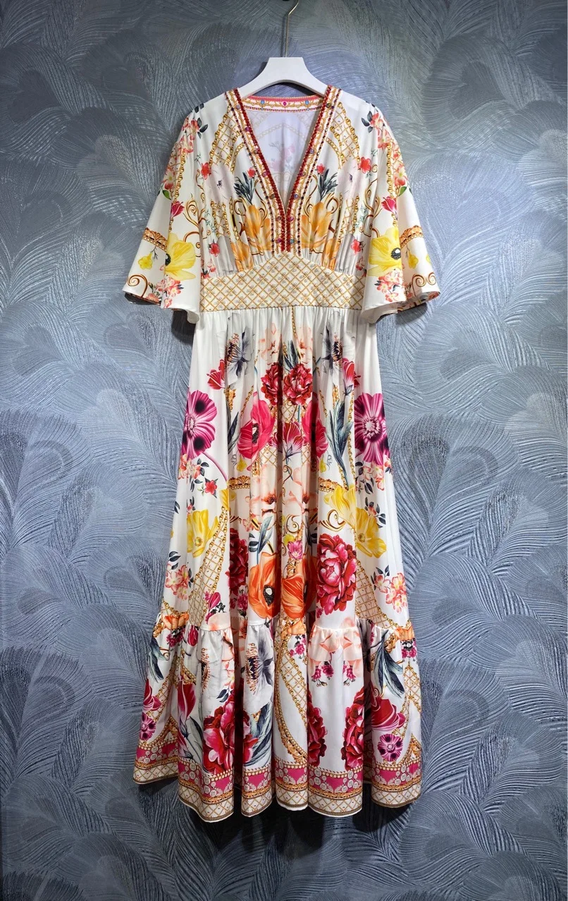 

2023 Spring Summer Chic Women's High Quality Beading Floral Print Dress C061