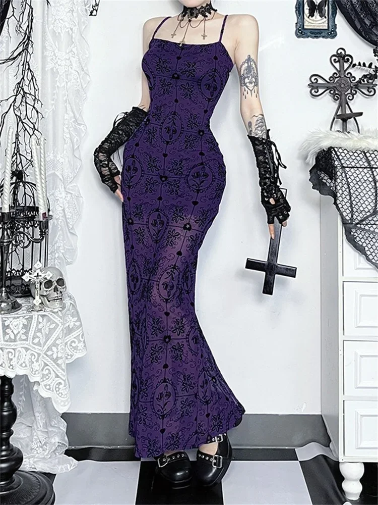 

Purple Mesh Embroidery Gothic Harajuku Bodycon Sheath Dress Women Elegant See Through Aesthetic Strapless Evening Party Dresses
