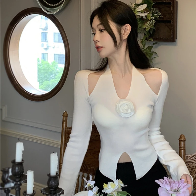 Women Sweater Solid Color Three-dimensional Flower Y2k Halter Slim Sexy Fashion Korean Knitted