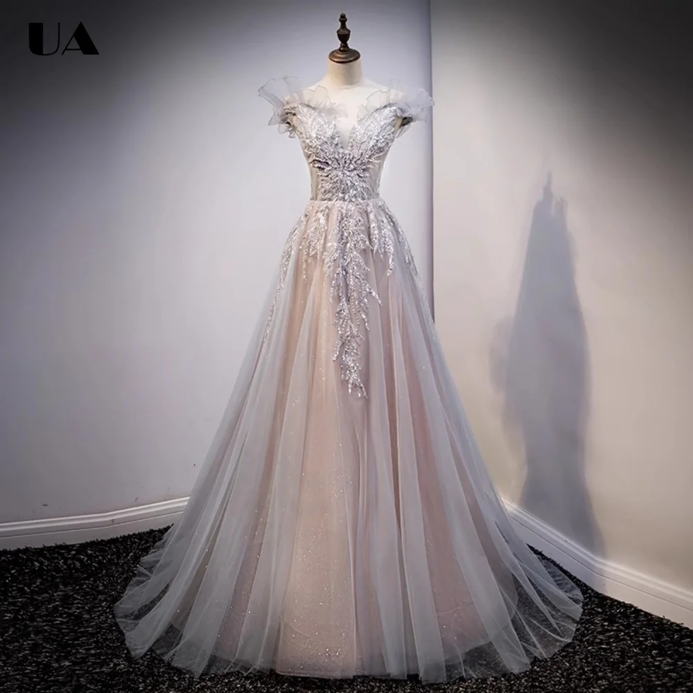 

ULBYANRY Customized A-line Off-the-shoulder Evening Dresses for Women, Sparkly Applique Prom Dress, Elegant Solid Mesh Ball Gown