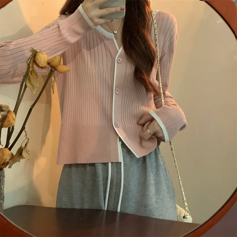 

2024 Spring Women's Cardigans V-neck Stripe Contrast Knitted Thin Coat Long Sleeve Casual Short Tops Korean Style Lady Outerwear