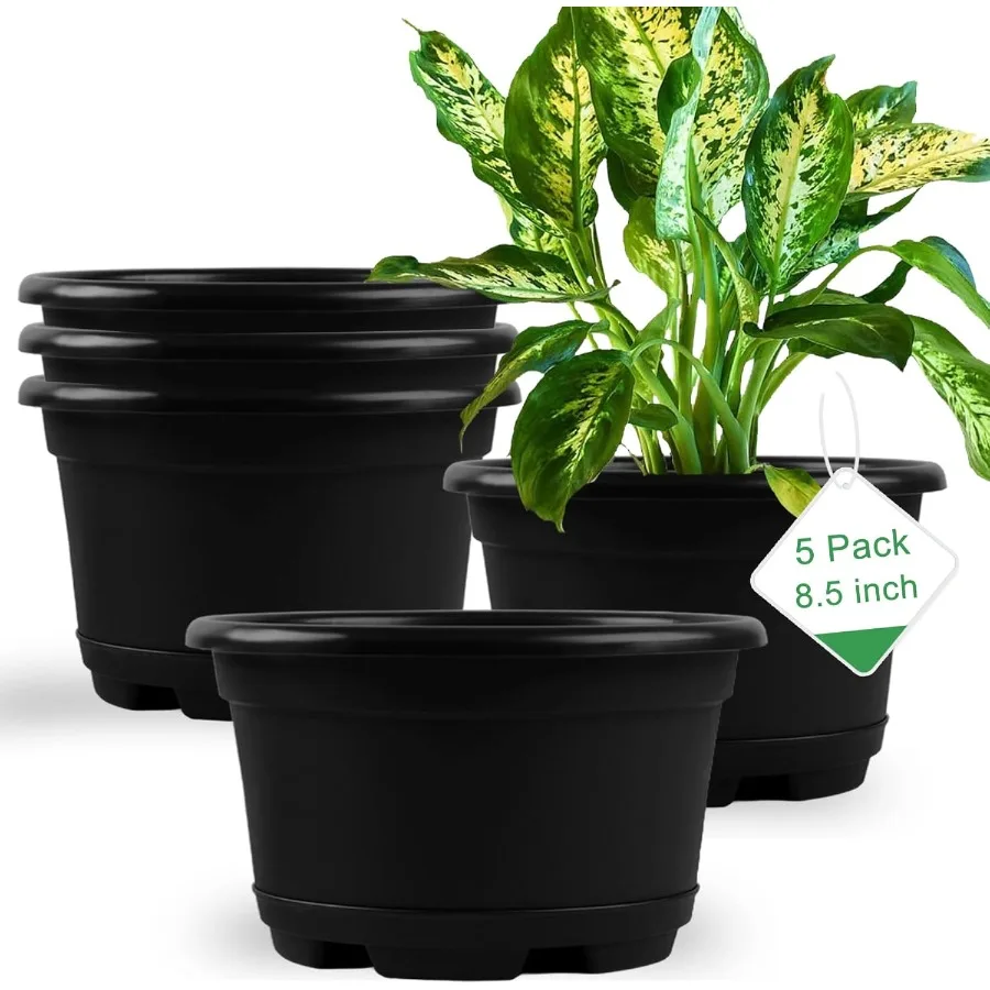 

Pack 8.5 inch Plant PotOutdoor Flower Pots Plastic pots for Plants Indoor with Drainage Holes and Trays Drative Garden Containe